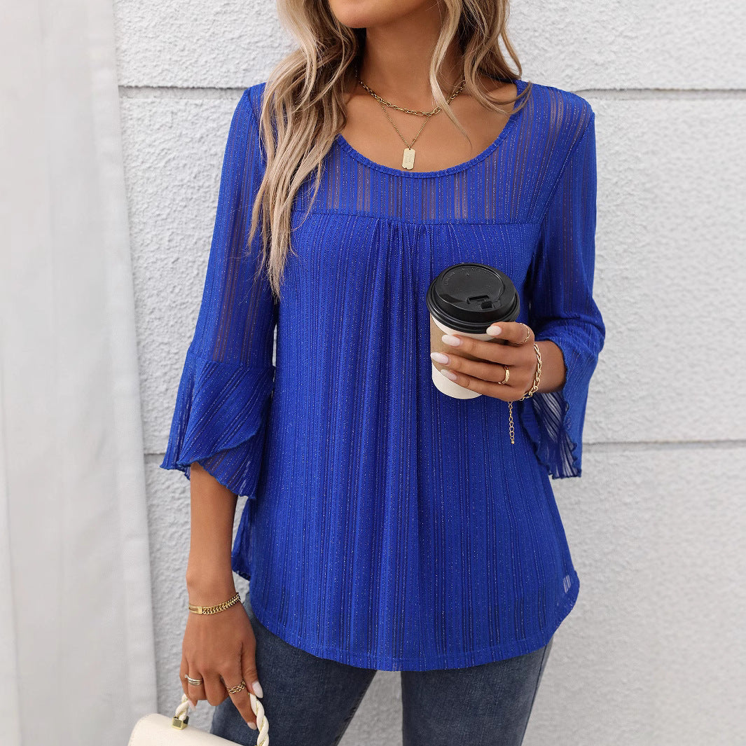 Elegant and fashionable round neck ruffle sleeve mesh top for European and American women's clothing