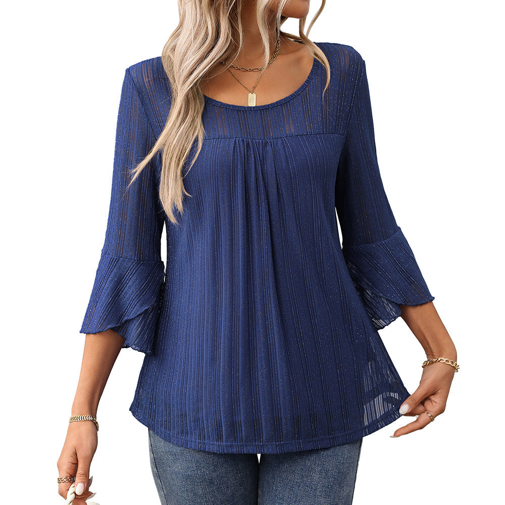 Elegant and fashionable round neck ruffle sleeve mesh top for European and American women's clothing