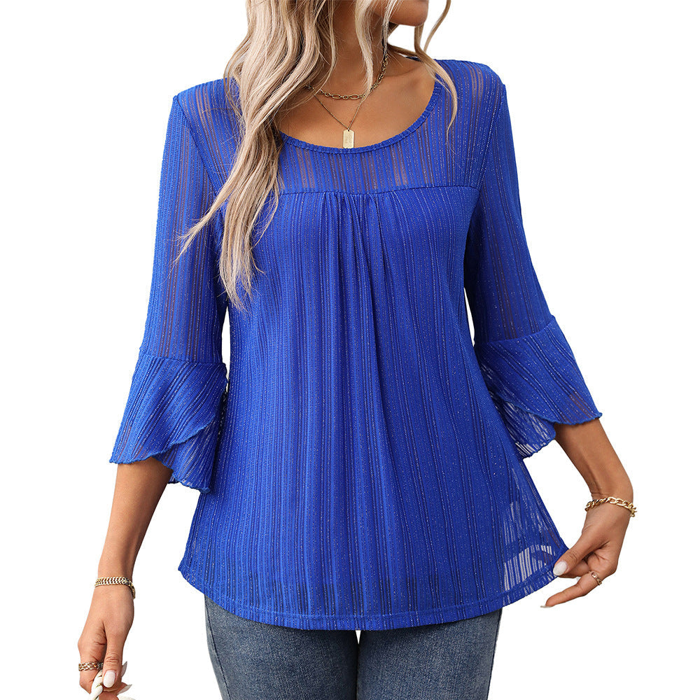 Elegant and fashionable round neck ruffle sleeve mesh top for European and American women's clothing