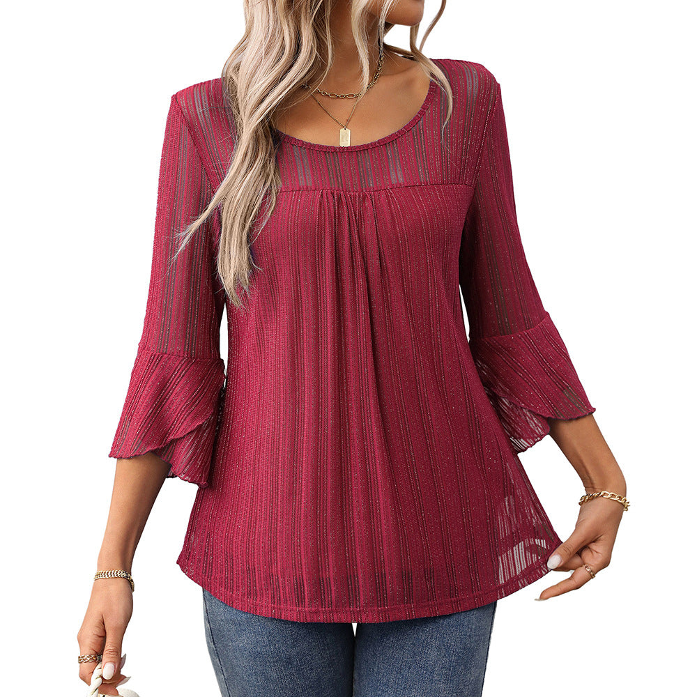 Elegant and fashionable round neck ruffle sleeve mesh top for European and American women's clothing