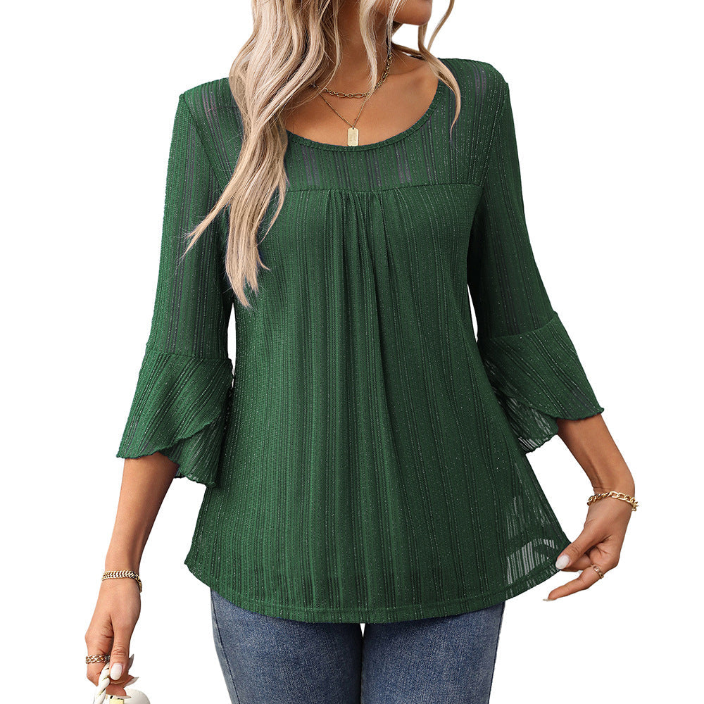 Elegant and fashionable round neck ruffle sleeve mesh top for European and American women's clothing
