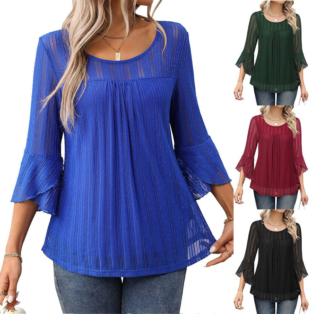 Elegant and fashionable round neck ruffle sleeve mesh top for European and American women's clothing